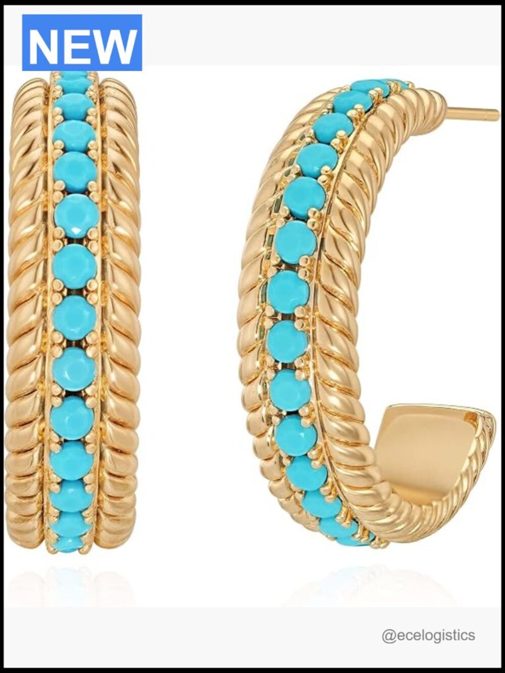14K Gold Plated Chunky Hoop Earrings with CZ Stone - 925 Sterling Silver Post